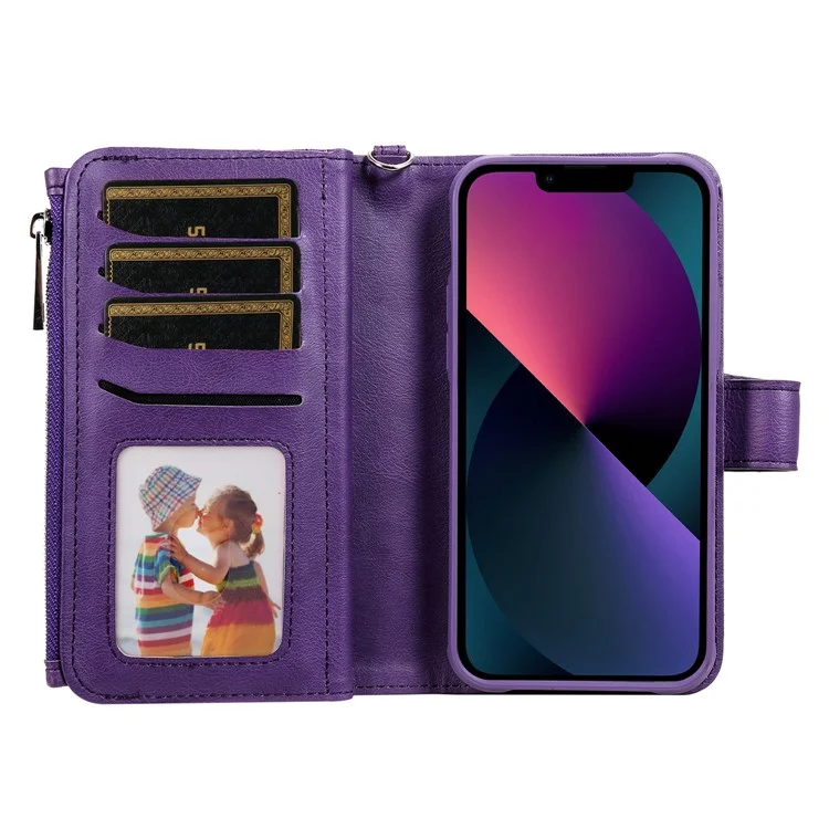 For iPhone 13 Magnetic Leather Case Mobile Cover with Detachable Zipper Wallet Strap - Purple