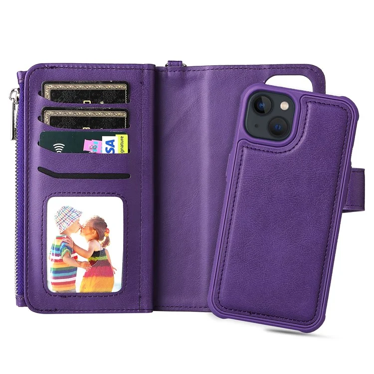 For iPhone 13 Magnetic Leather Case Mobile Cover with Detachable Zipper Wallet Strap - Purple