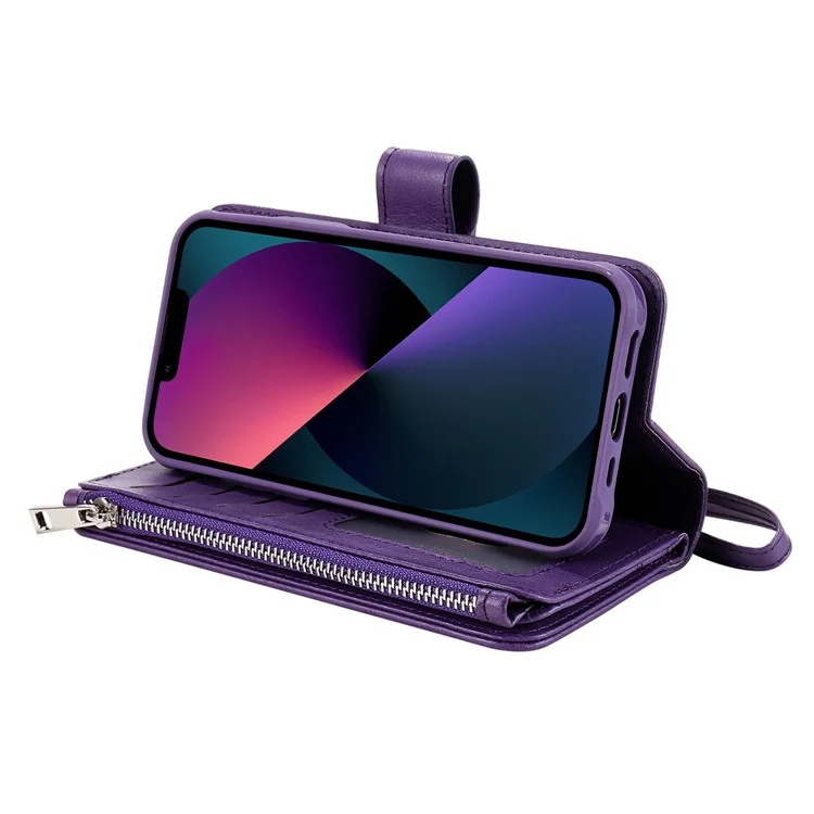 For iPhone 13 Magnetic Leather Case Mobile Cover with Detachable Zipper Wallet Strap - Purple