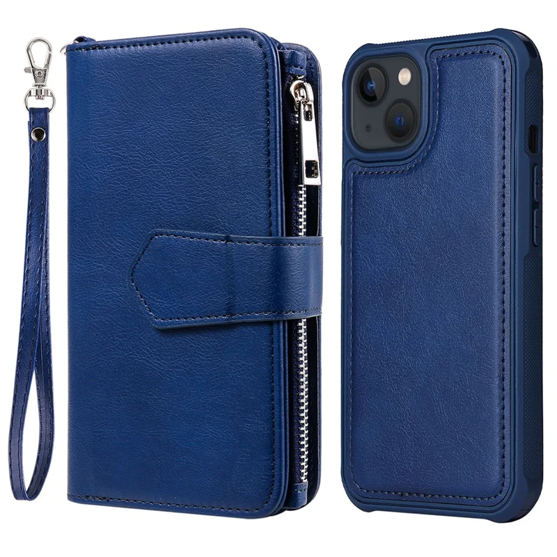 For iPhone 13 Magnetic Leather Case Mobile Cover with Detachable Zipper Wallet Strap - Blue