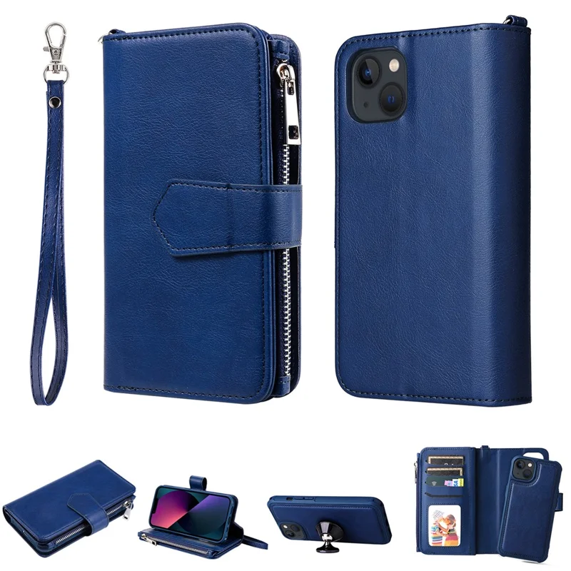 For iPhone 13 Magnetic Leather Case Mobile Cover with Detachable Zipper Wallet Strap - Blue