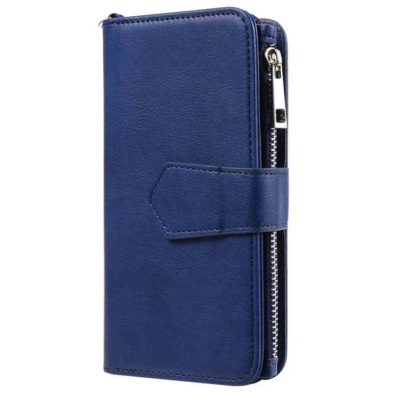 For iPhone 13 Magnetic Leather Case Mobile Cover with Detachable Zipper Wallet Strap - Blue