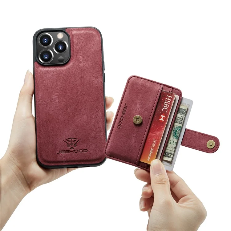 Jeeferhood Tarjetas Resistentes A Los Arañazos Diseño Desmontable 2-1 Anti-robo Swiping Design PU CUBIERTE TELÉFONO DEL TELÉFONO PARA IPHONE 13 PRO MAX 6.7 - Rojo