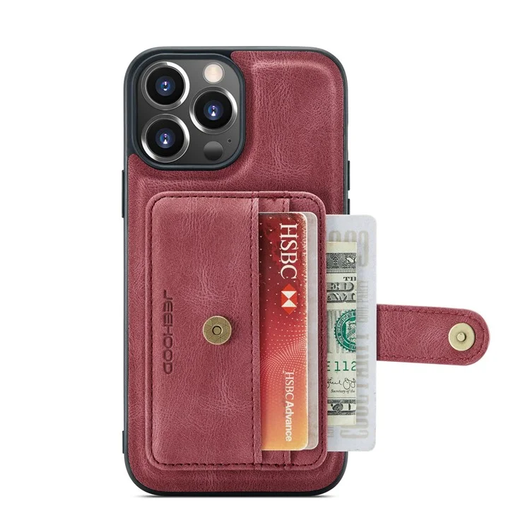 Jeeferhood Tarjetas Resistentes A Los Arañazos Diseño Desmontable 2-1 Anti-robo Swiping Design PU CUBIERTE TELÉFONO DEL TELÉFONO PARA IPHONE 13 PRO MAX 6.7 - Rojo