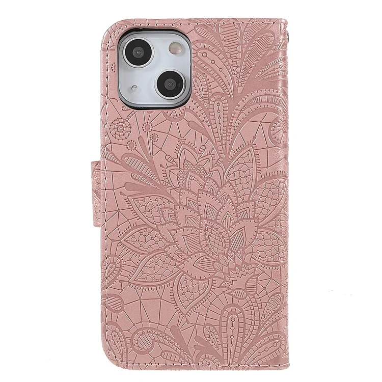Lace Flowers Pattern Imprinting PU Leather Soft TPU Stand Flip Wallet Phone Case with Strap for iPhone 14 / 13 - Rose Gold