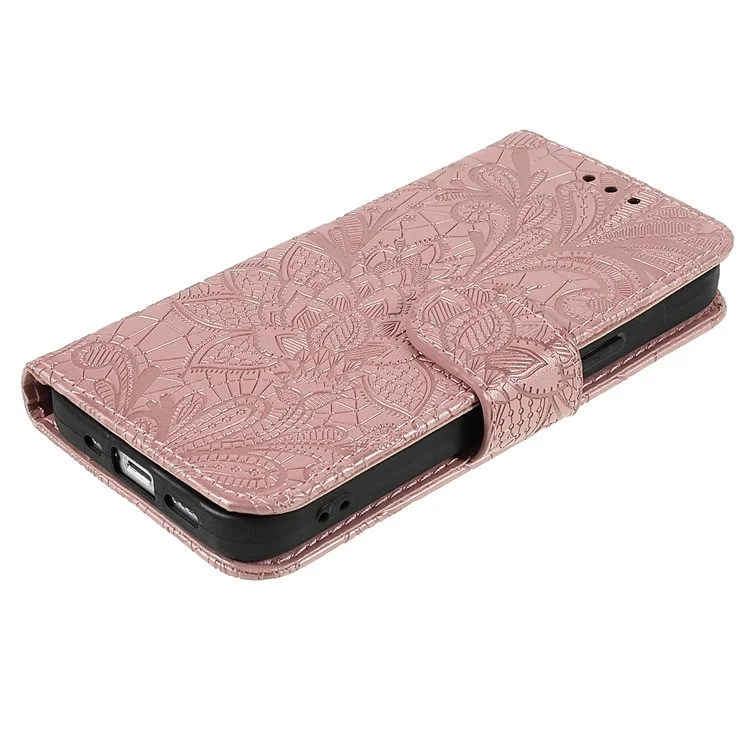 Lace Flowers Pattern Imprinting PU Leather Soft TPU Stand Flip Wallet Phone Case with Strap for iPhone 14 / 13 - Rose Gold
