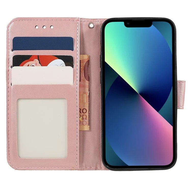 Lace Flowers Pattern Imprinting PU Leather Soft TPU Stand Flip Wallet Phone Case with Strap for iPhone 14 / 13 - Rose Gold