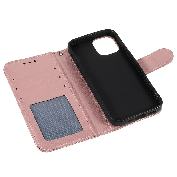 Lace Flowers Pattern Imprinting PU Leather Soft TPU Stand Flip Wallet Phone Case with Strap for iPhone 14 / 13 - Rose Gold