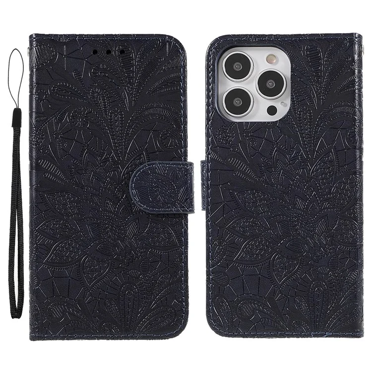 Imprinted Lace Flowers Pattern PU Leather TPU Inner Wallet Stand Flip Cover with Strap for iPhone 13 Pro 6.1 inch - Black