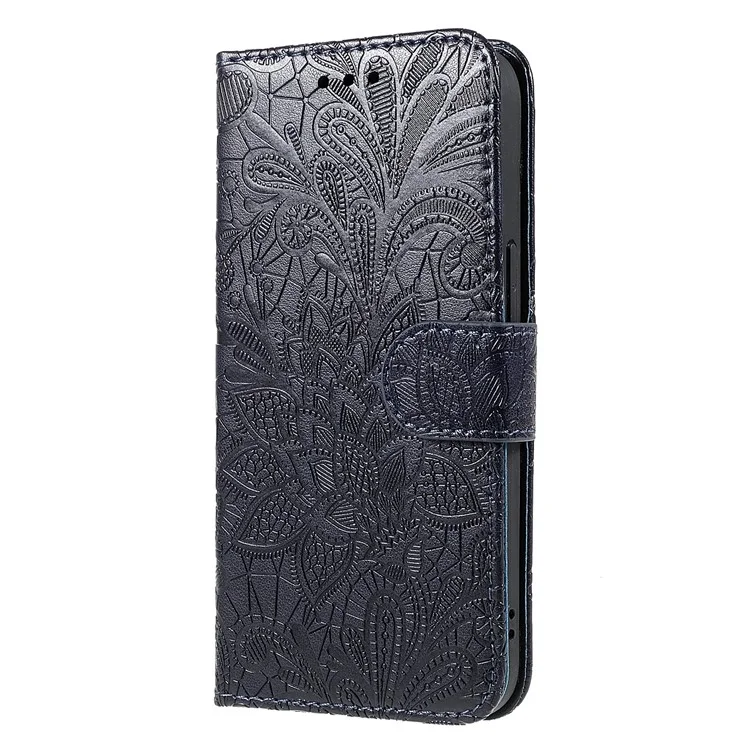 Imprinted Lace Flowers Pattern PU Leather TPU Inner Wallet Stand Flip Cover with Strap for iPhone 13 Pro 6.1 inch - Black
