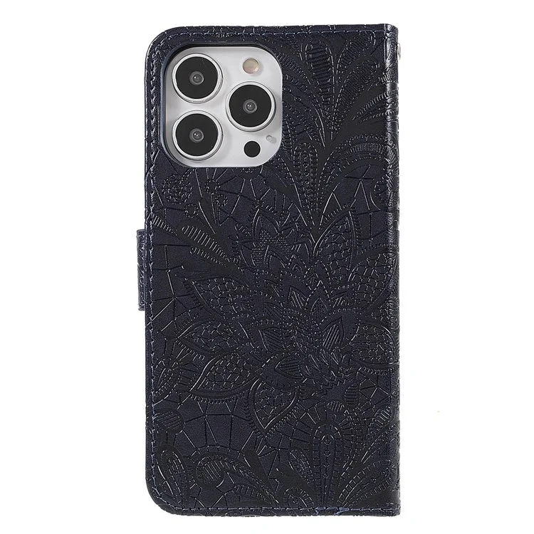 Imprinted Lace Flowers Pattern PU Leather TPU Inner Wallet Stand Flip Cover with Strap for iPhone 13 Pro 6.1 inch - Black