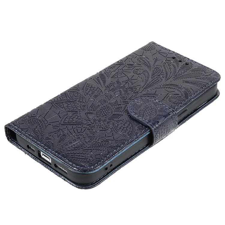 Imprinted Lace Flowers Pattern PU Leather TPU Inner Wallet Stand Flip Cover with Strap for iPhone 13 Pro 6.1 inch - Black