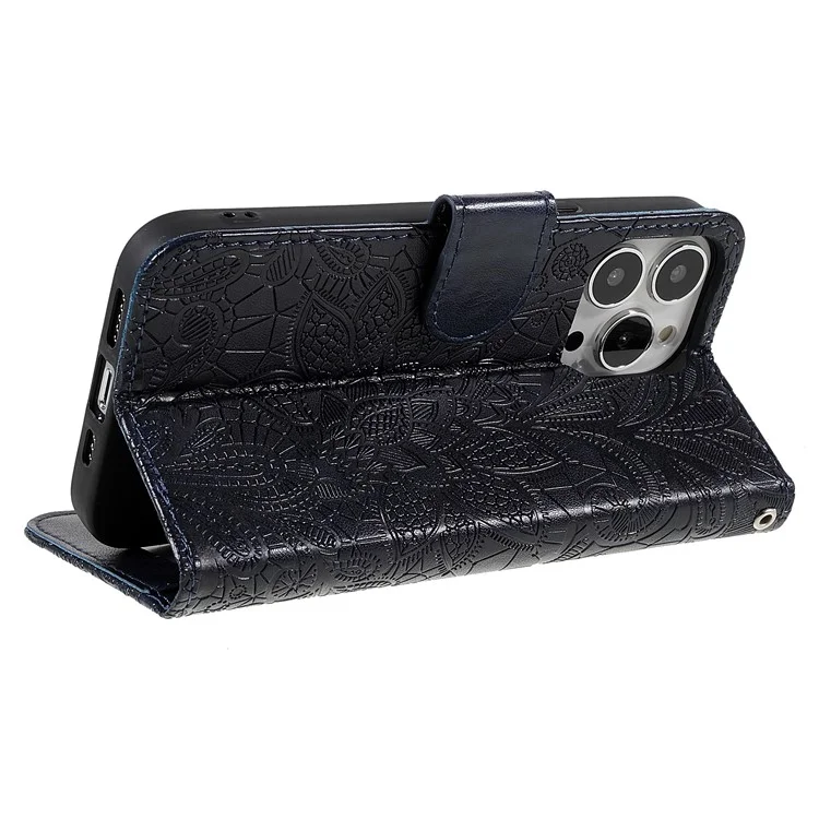Imprinted Lace Flowers Pattern PU Leather TPU Inner Wallet Stand Flip Cover with Strap for iPhone 13 Pro 6.1 inch - Black