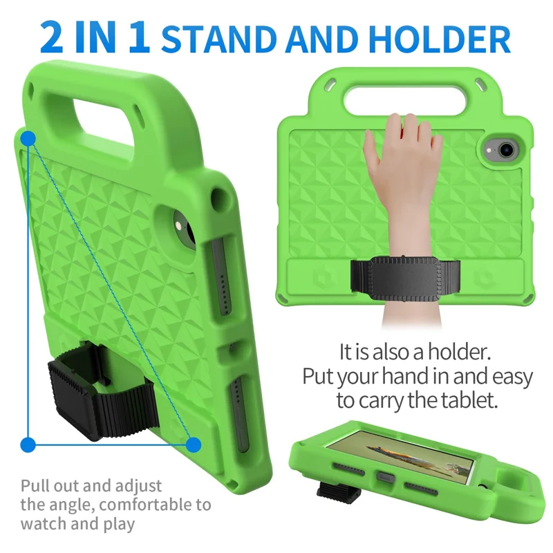 Rhombus Design Anti-Drop Non-Slip Kickstand Design EVA Protective Tablet Cover with Shoulder Strap for iPad mini (2024) / mini (2021) - Green