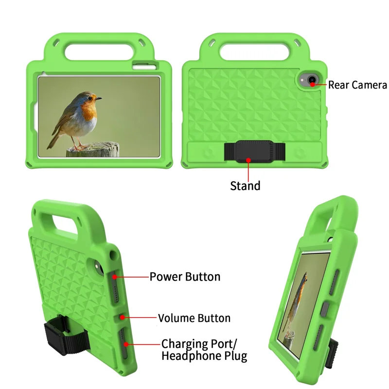 Rhombus Design Anti-Drop Non-Slip Kickstand Design EVA Protective Tablet Cover with Shoulder Strap for iPad mini (2024) / mini (2021) - Green
