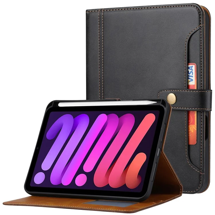 Diseño de múltiples ranuras para tarjetas Despertar / Dormir automático Funda de cuero sintético PU con soporte y billetera para iPad mini (2024) / mini (2021) - Negro
