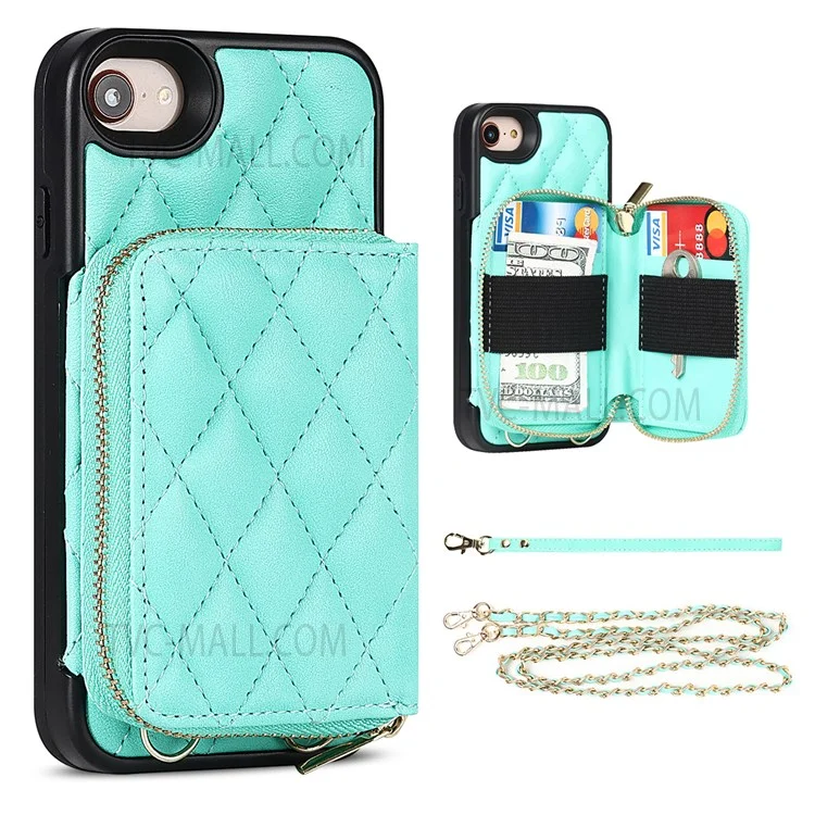Grid Pattern Detachable Zipper Wallet PU Leather Coated TPU Phone Case Cover with Shoulder Strap for iPhone SE (2022)/SE (2020)/8/7 - Green