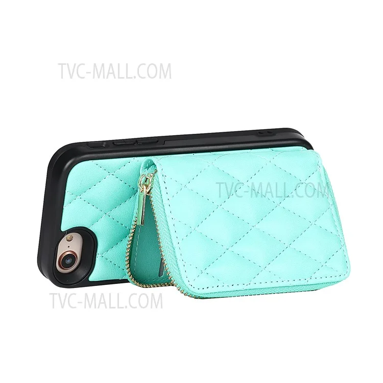 Grid Pattern Detachable Zipper Wallet PU Leather Coated TPU Phone Case Cover with Shoulder Strap for iPhone SE (2022)/SE (2020)/8/7 - Green
