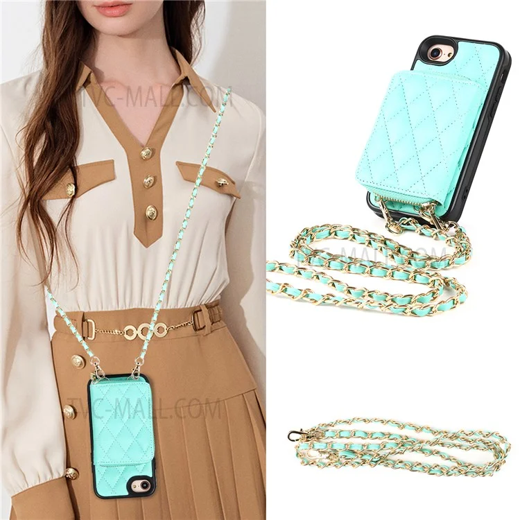 Grid Pattern Detachable Zipper Wallet PU Leather Coated TPU Phone Case Cover with Shoulder Strap for iPhone SE (2022)/SE (2020)/8/7 - Green