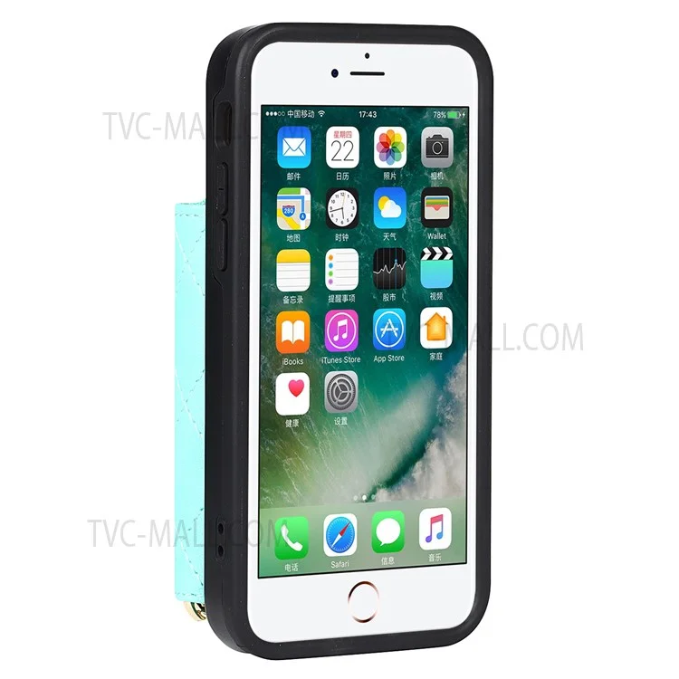 Grid Pattern Detachable Zipper Wallet PU Leather Coated TPU Phone Case Cover with Shoulder Strap for iPhone SE (2022)/SE (2020)/8/7 - Green