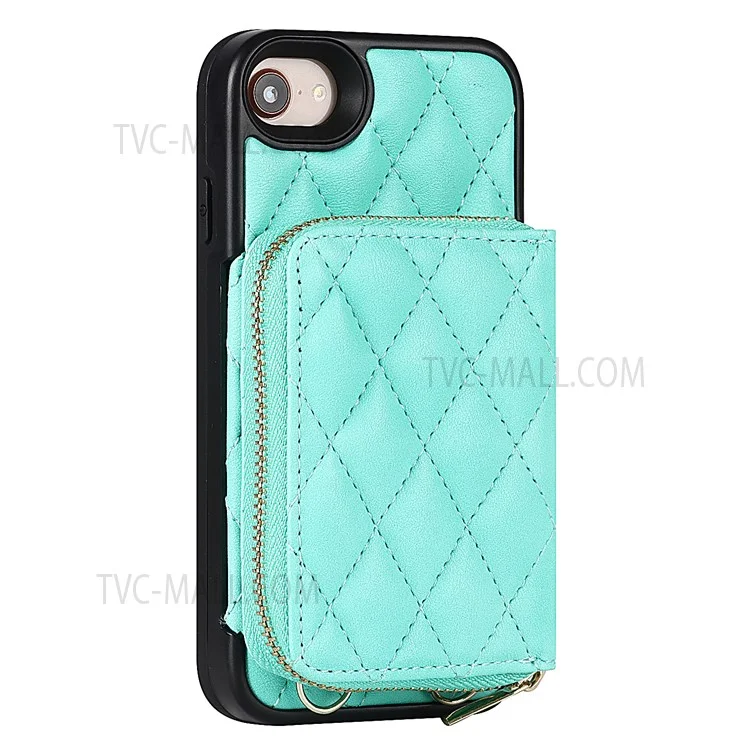 Grid Pattern Detachable Zipper Wallet PU Leather Coated TPU Phone Case Cover with Shoulder Strap for iPhone SE (2022)/SE (2020)/8/7 - Green