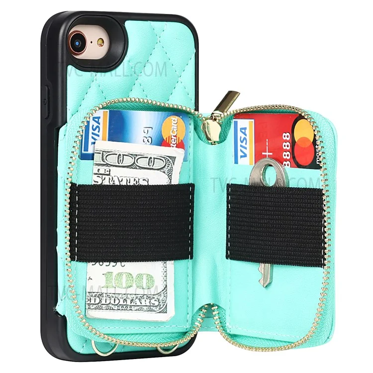 Grid Pattern Detachable Zipper Wallet PU Leather Coated TPU Phone Case Cover with Shoulder Strap for iPhone SE (2022)/SE (2020)/8/7 - Green