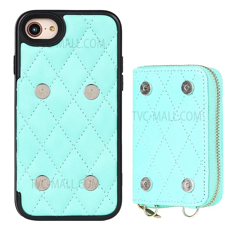 Grid Pattern Detachable Zipper Wallet PU Leather Coated TPU Phone Case Cover with Shoulder Strap for iPhone SE (2022)/SE (2020)/8/7 - Green