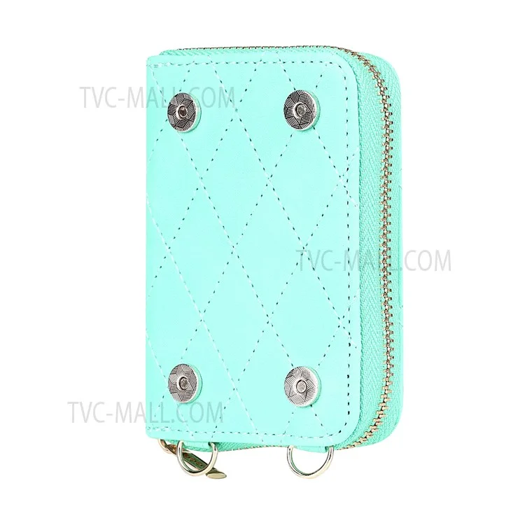 Grid Pattern Detachable Zipper Wallet PU Leather Coated TPU Phone Case Cover with Shoulder Strap for iPhone SE (2022)/SE (2020)/8/7 - Green