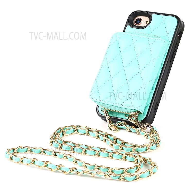 Grid Pattern Detachable Zipper Wallet PU Leather Coated TPU Phone Case Cover with Shoulder Strap for iPhone SE (2022)/SE (2020)/8/7 - Green