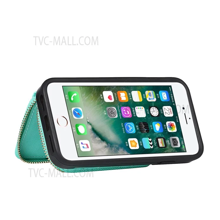 Grid Pattern Detachable Zipper Wallet PU Leather Coated TPU Phone Case Cover with Shoulder Strap for iPhone SE (2022)/SE (2020)/8/7 - Green