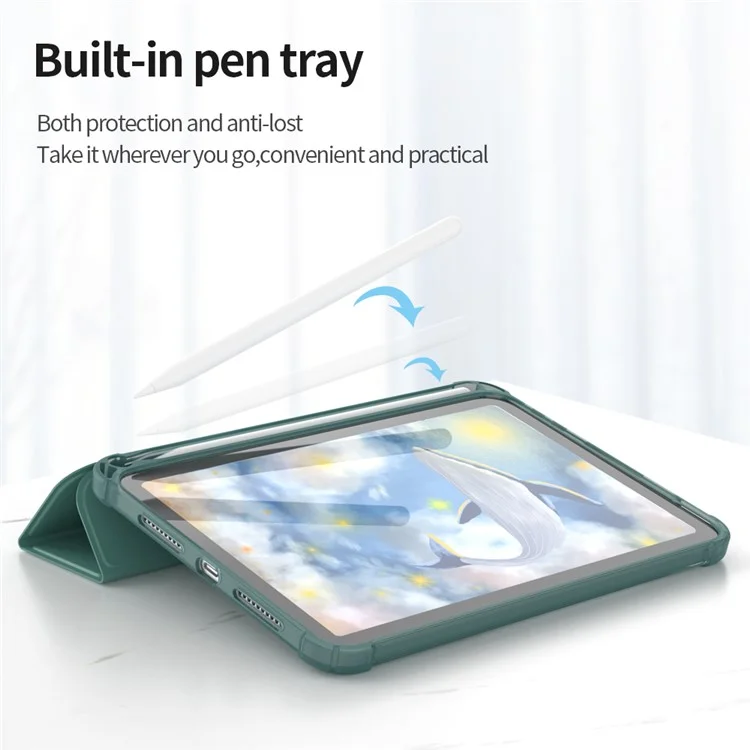 Tri-Fold Stand Auto Wake / Sleep PU Leather Tablet Cover Case with Pen Slot for iPad mini (2024) / mini (2021) - Dark Green