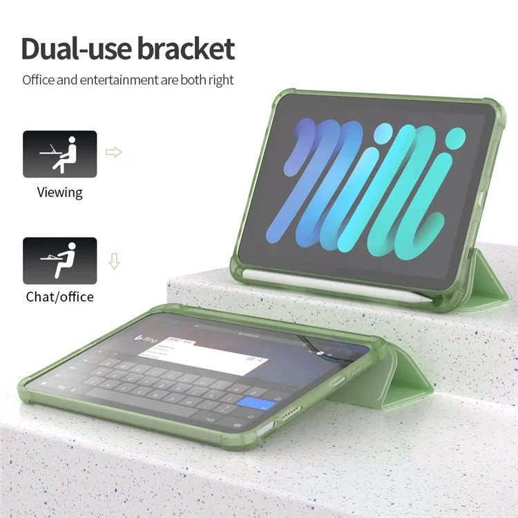 Tri-Fold Stand Auto Wake / Sleep PU Leather Tablet Cover Case with Pen Slot for iPad mini (2024) / mini (2021) - Dark Green