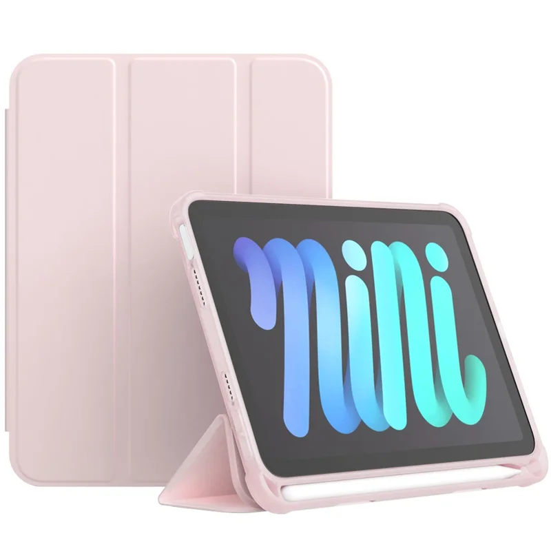 Tri-Fold Stand Auto Wake / Sleep PU Leather Tablet Cover Case with Pen Slot for iPad mini (2024) / mini (2021) - Pink