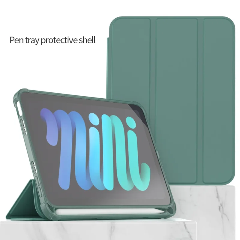 Tri-Fold Stand Auto Wake / Sleep PU Leather Tablet Cover Case with Pen Slot for iPad mini (2024) / mini (2021) - Pink