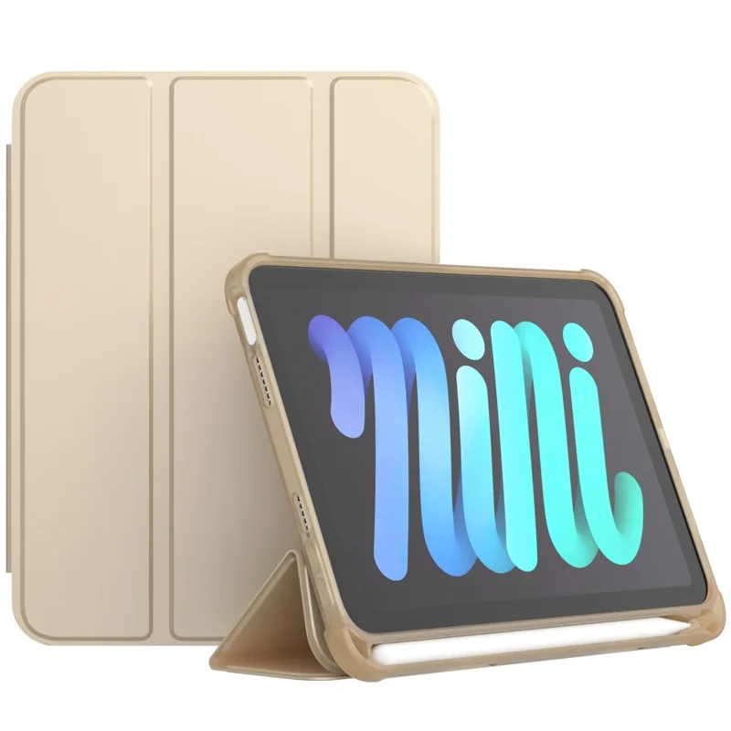 Tri-Fold Stand Auto Wake / Sleep PU Leather Tablet Cover Case with Pen Slot for iPad mini (2024) / mini (2021) - Gold