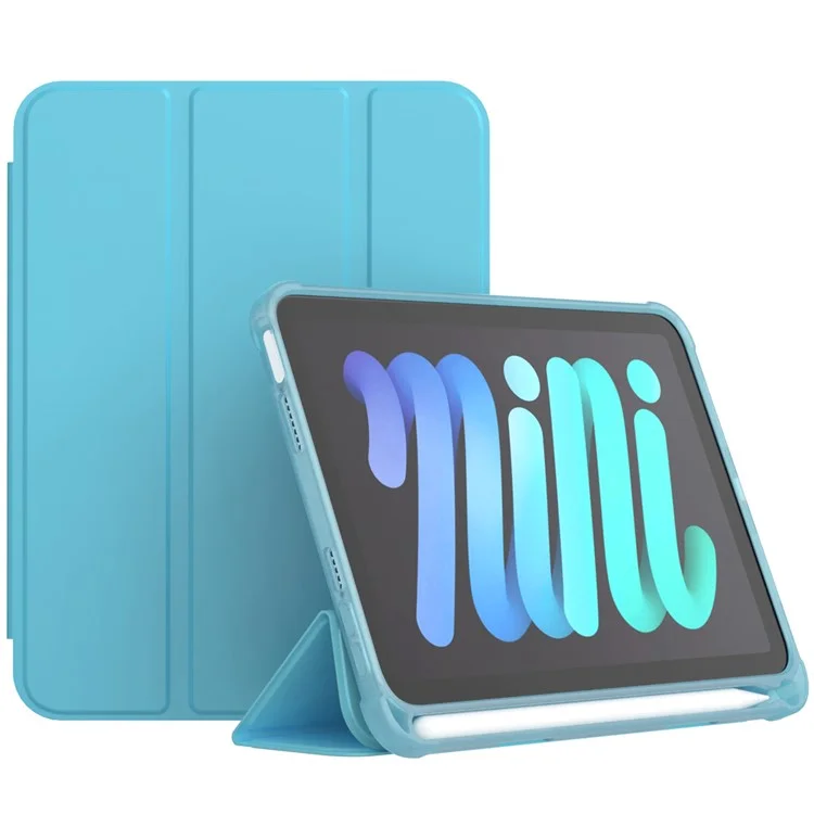 Tri-Fold Stand Auto Wake / Sleep PU Leather Tablet Cover Case with Pen Slot for iPad mini (2024) / mini (2021) - Sky Blue