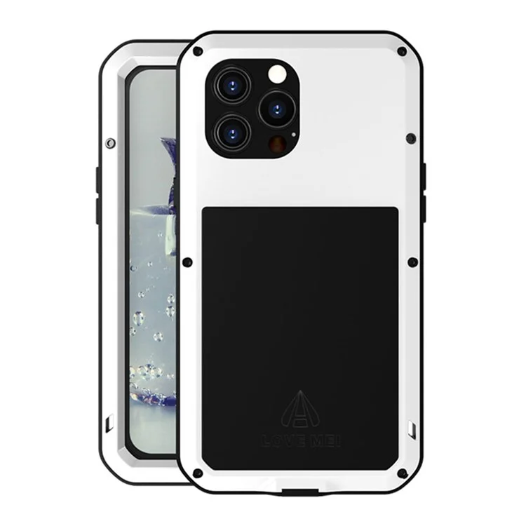 LOVE MEI Well-Protected Anti-Drop Anti-Scratch Metal Bumper Silicone Case Built-in Tempered Glass Screen Protector for iPhone 13 Pro Max 6.7 inch - White