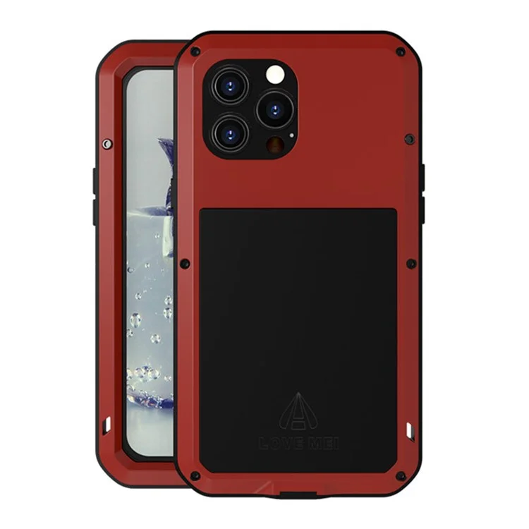 LOVE MEI Well-Protected Anti-Drop Anti-Scratch Metal Bumper Silicone Case Built-in Tempered Glass Screen Protector for iPhone 13 Pro Max 6.7 inch - Red