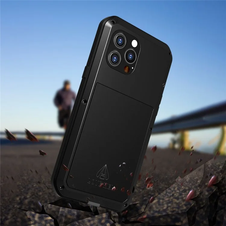 LOVE MEI Well-Protected Anti-Drop Anti-Scratch Metal Bumper Silicone Case Built-in Tempered Glass Screen Protector for iPhone 13 Pro Max 6.7 inch - Red