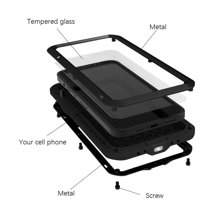 LOVE MEI Well-Protected Anti-Drop Anti-Scratch Metal Bumper Silicone Case Built-in Tempered Glass Screen Protector for iPhone 13 Pro Max 6.7 inch - Red