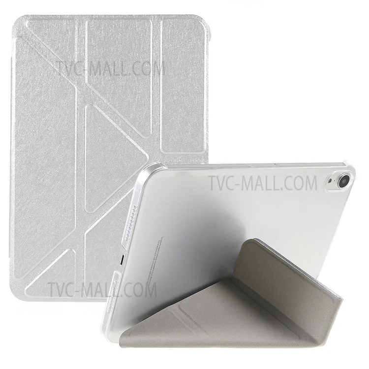 Silk Texture Origami Stand PU Leather Cover + Hard PC Back Panel Tablet Cover Case for iPad mini (2024) / mini (2021) - Silver
