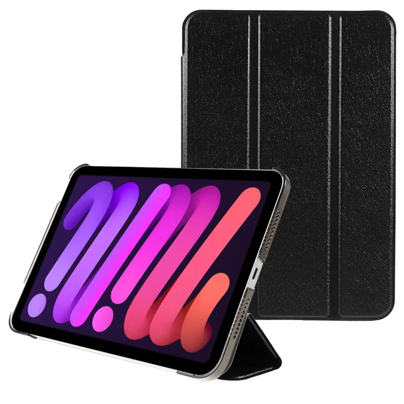 Funda de tableta de cuero PU + PC con textura de seda, anticaída, a prueba de golpes, con soporte de tres pliegues, para Apple iPad mini (2024) / mini (2021) - Negro