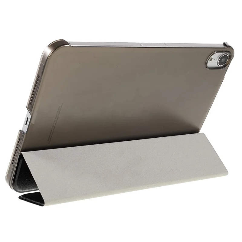 Funda de tableta de cuero PU + PC con textura de seda, anticaída, a prueba de golpes, con soporte de tres pliegues, para Apple iPad mini (2024) / mini (2021) - Negro