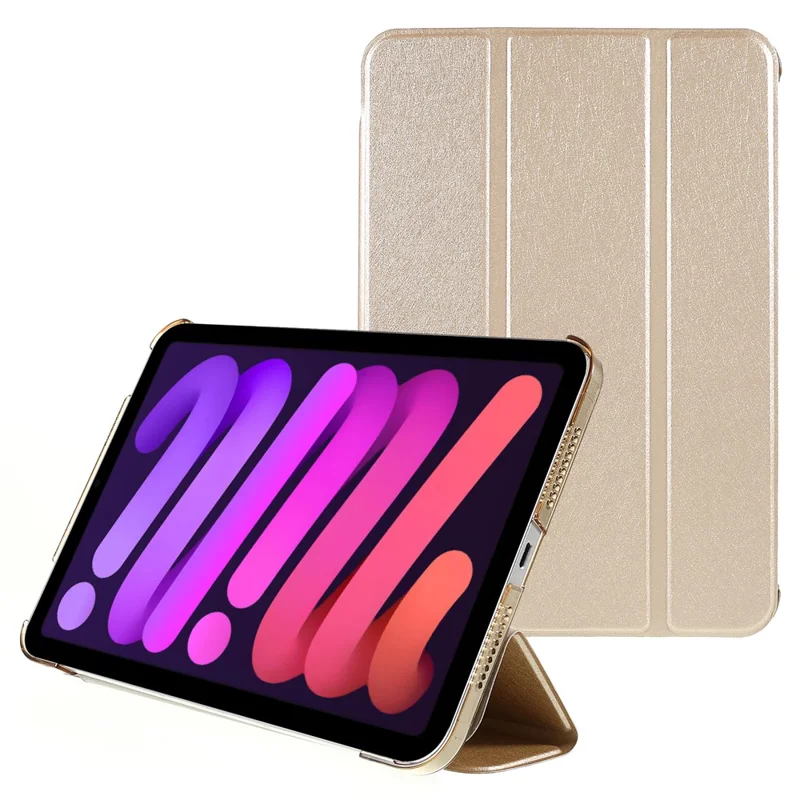 Silkestruktur, Anti-fald, stødfast, 3-delt stander, PU-læder + PC-tabletbeskytning til Apple iPad mini (2024) / mini (2021) - Guld