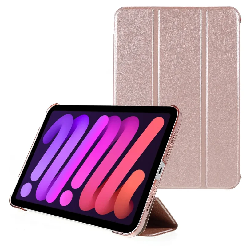 Silk Texture Anti-Fall Shockproof Trifold Stand PU Leather + PC Tablet Case Cover for Apple iPad mini (2024) / mini (2021) - Rose Gold