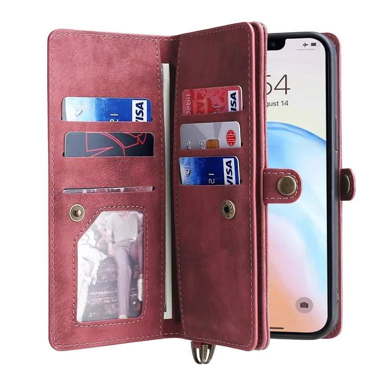 MEGSHI 021 Series Detachable 2-in-1 Magnetic Wallet Design Multiple Card Slots Anti-fall Phone Case with Stand and Strap for iPhone 11 6.1 inch - Red