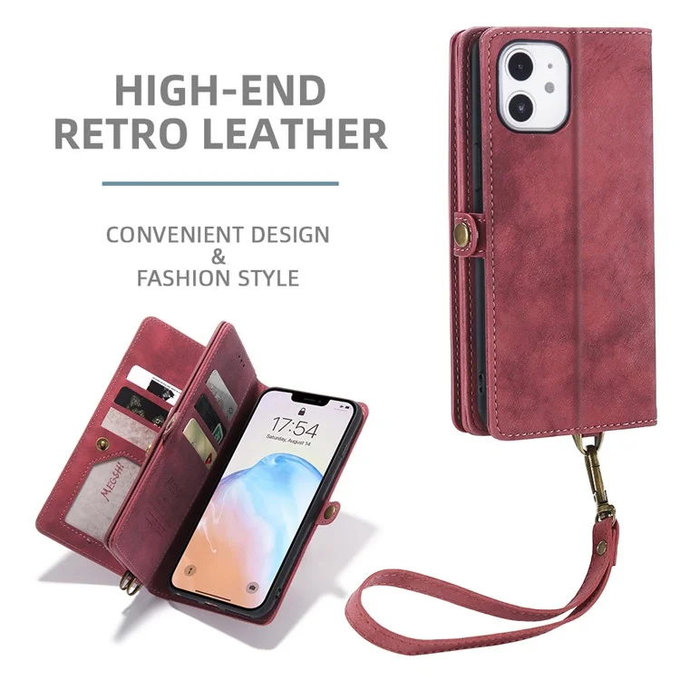 MEGSHI 021 Series Detachable 2-in-1 Magnetic Wallet Design Multiple Card Slots Anti-fall Phone Case with Stand and Strap for iPhone 11 6.1 inch - Red