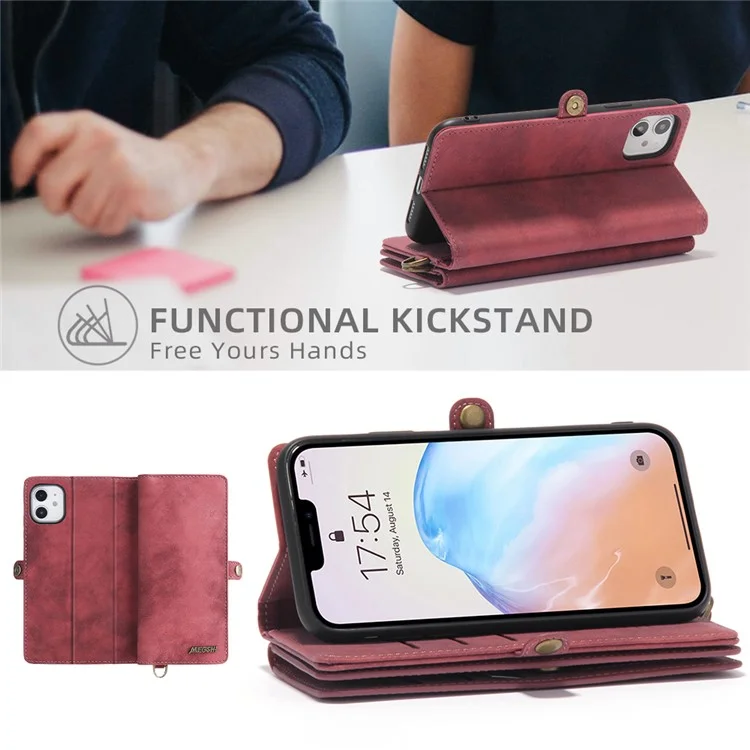 MEGSHI 021 Series Detachable 2-in-1 Magnetic Wallet Design Multiple Card Slots Anti-fall Phone Case with Stand and Strap for iPhone 11 6.1 inch - Red