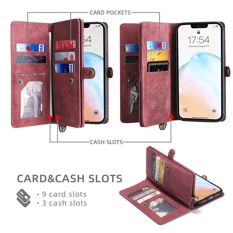 MEGSHI 021 Series Detachable 2-in-1 Magnetic Wallet Design Multiple Card Slots Anti-fall Phone Case with Stand and Strap for iPhone 11 6.1 inch - Red