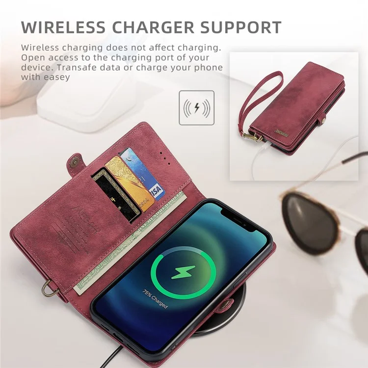 MEGSHI 021 Series Detachable 2-in-1 Magnetic Wallet Design Multiple Card Slots Anti-fall Phone Case with Stand and Strap for iPhone 11 6.1 inch - Red